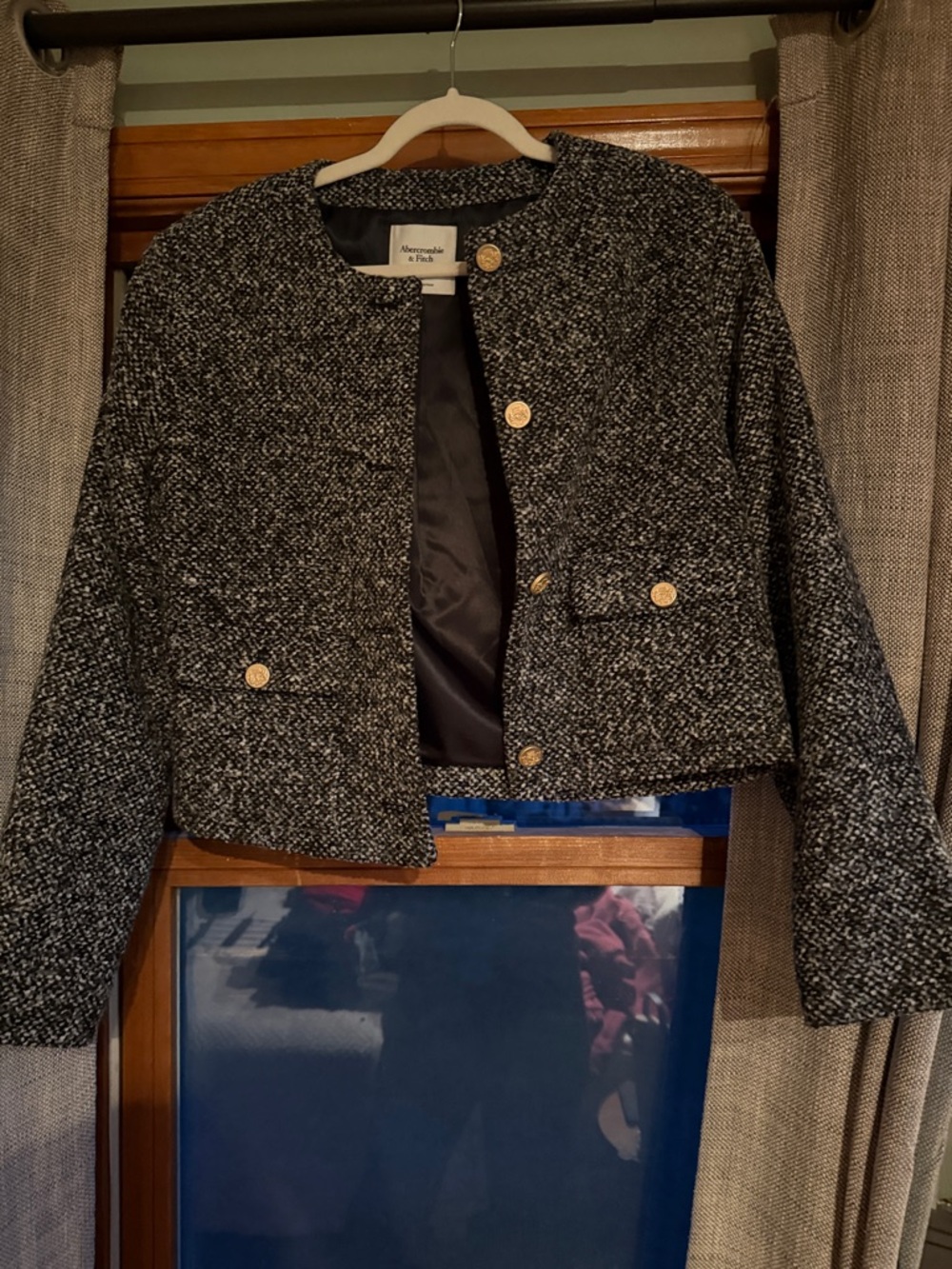 Abercrombie & Fitch Black and White Tweed Boxy Crop Blazer